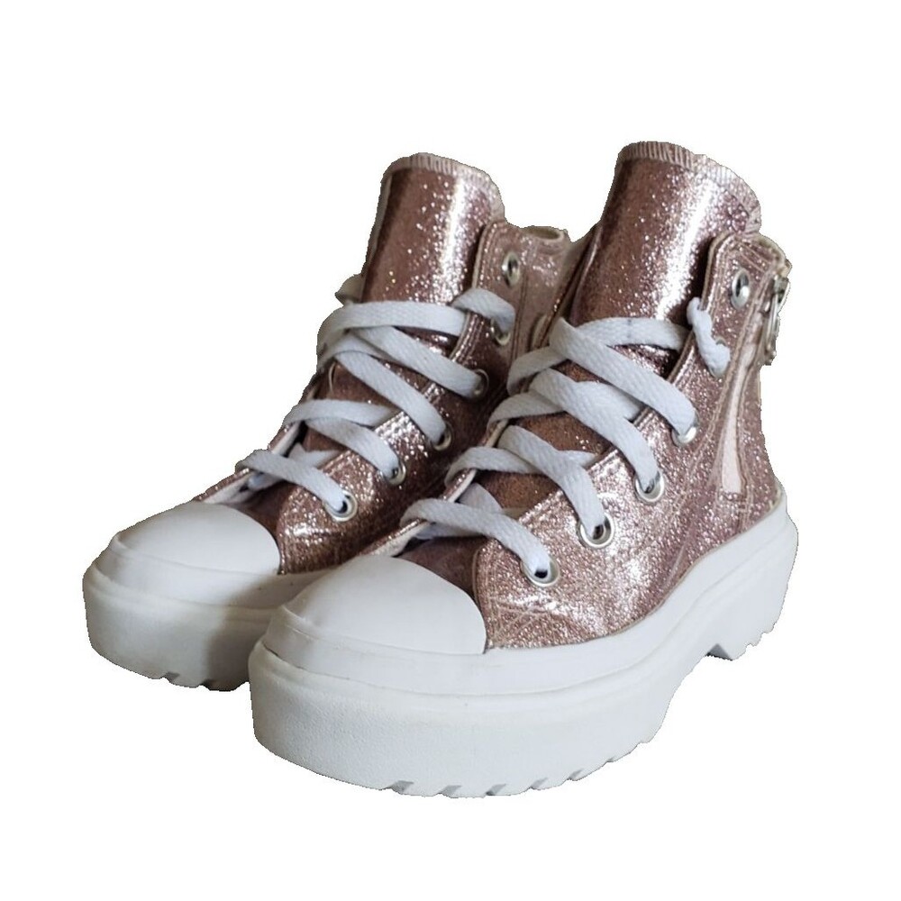 Converse Lugged Lift Hi Glitter Rose Gold Platform High Tops Side zip Kids Sz 12
